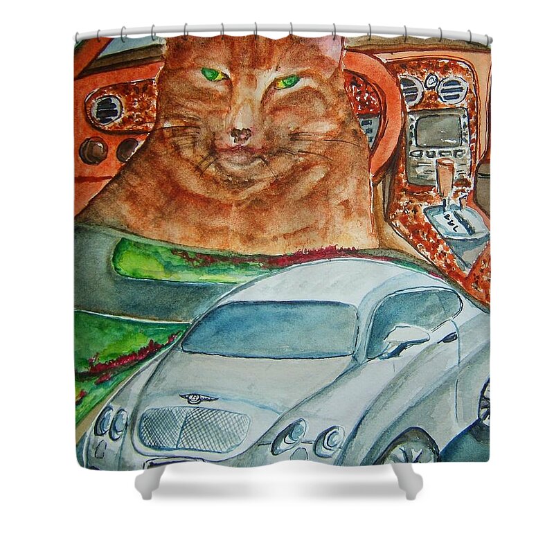 Cat Shower Curtain featuring the painting Fat Cat and the Bentley by Elaine Duras