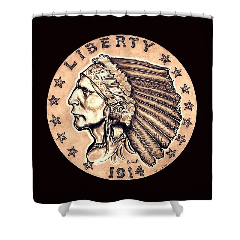 Indian Head Shower Curtain featuring the drawing Fawn Gold Quarter Eagle by Fred Larucci