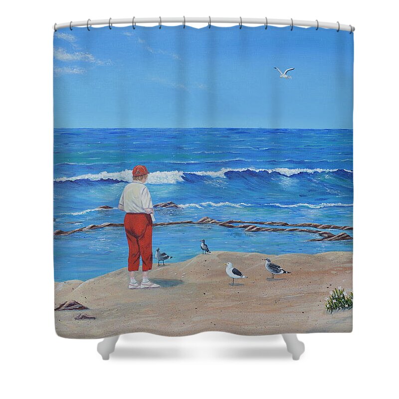 Seaguls Shower Curtain featuring the painting Feeding the Birds by Mary Scott