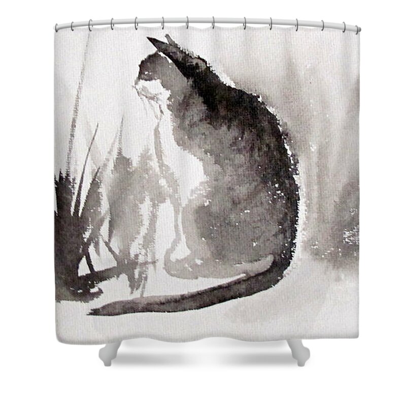 Sumi-e Shower Curtain featuring the painting Feeling lonely by Asha Sudhaker Shenoy