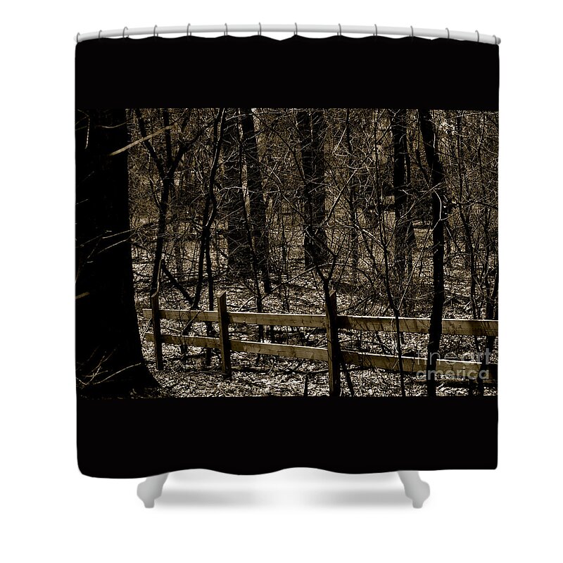Blackandwhite Shower Curtain featuring the photograph Fence In The Woods by Frank J Casella