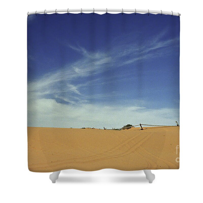 Sand Dunes Shower Curtain featuring the photograph Fencing the Sky by Kathy McClure