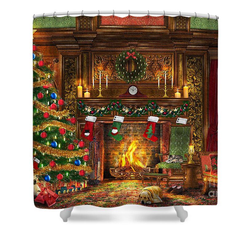 Dominic Davison Shower Curtain featuring the digital art Festive Fireplace by MGL Meiklejohn Graphics Licensing