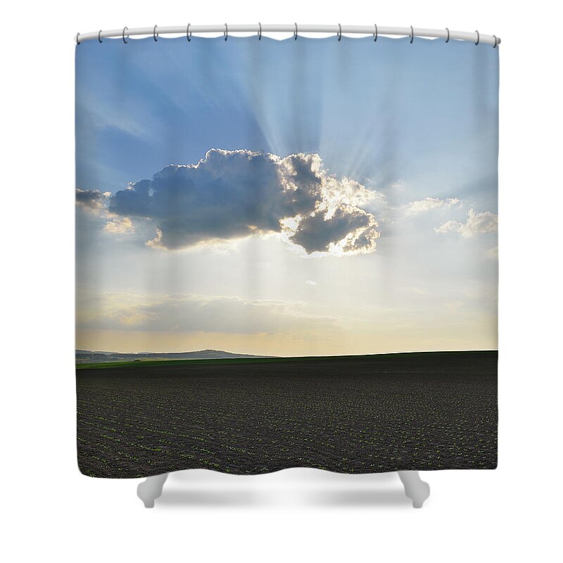 Scenics Shower Curtain featuring the photograph Field And Cloud by Raimund Linke
