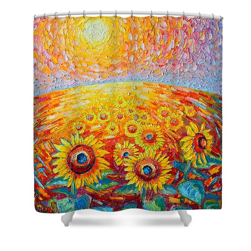 Sunflower Shower Curtain featuring the painting Fields Of Gold - Abstract Landscape With Sunflowers In Sunrise by Ana Maria Edulescu