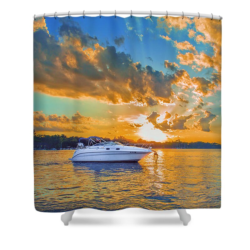 Sunset Shower Curtain featuring the photograph Fiery Sunset On Lake Minnetonka by Bill and Linda Tiepelman