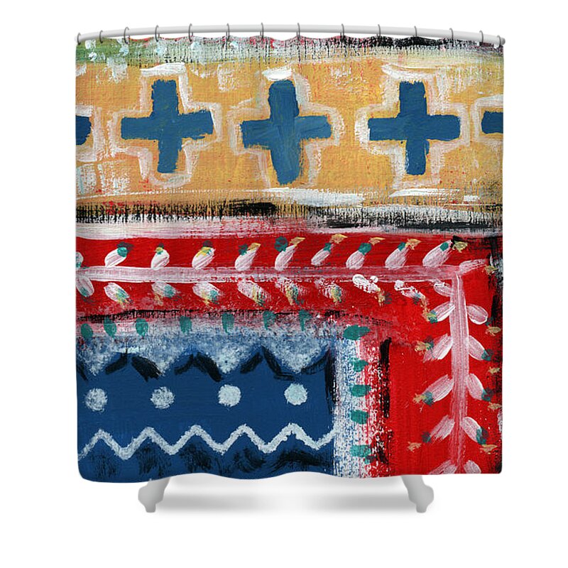 Fiesta Shower Curtain featuring the mixed media Fiesta 3- colorful pattern painting by Linda Woods