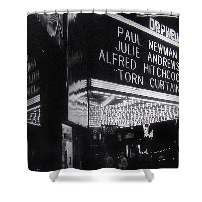 Film Homage Alfred Hitchcock Torn Curtain 1966 Orpheum Theater St. Paul Minnesota 1966 Black And White Shower Curtain featuring the photograph Film homage Alfred Hitchcock Torn Curtain 1966 Orpheum Theater St. Paul Minnesota 1966 by David Lee Guss