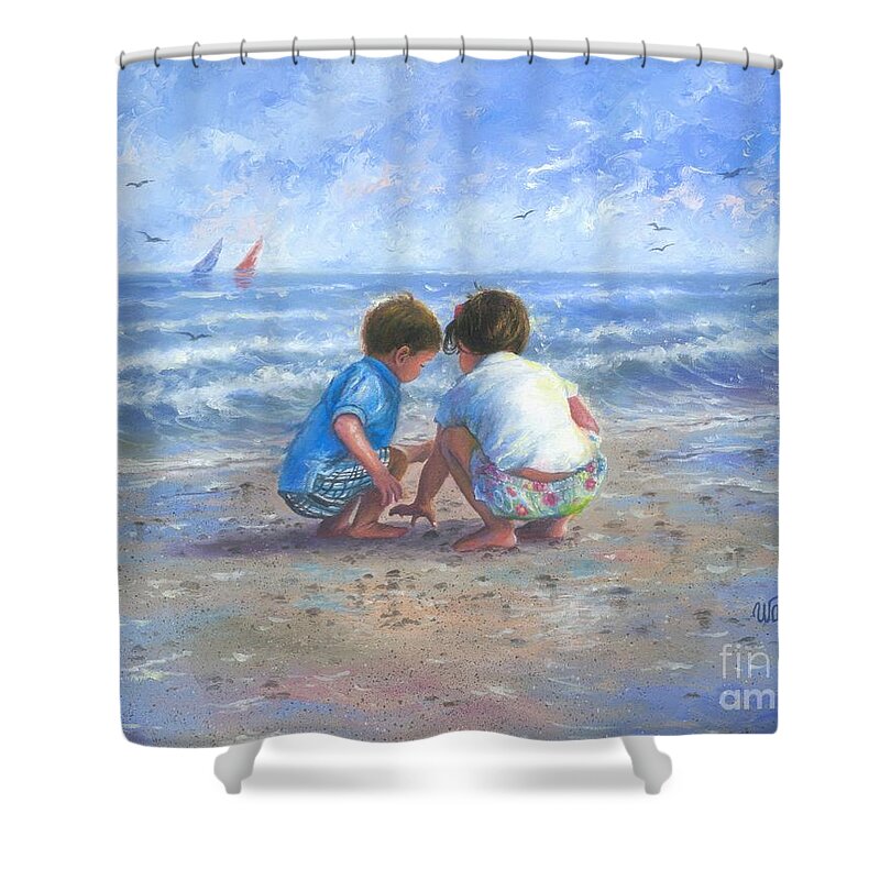 Brother And Sister Shower Curtain featuring the painting Finding Sea Shells Brother and Sister by Vickie Wade