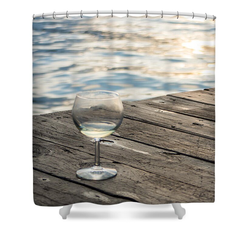 Glass Shower Curtain featuring the photograph Finger lakes wine tasting - Wine Glass on the Dock by Photographic Arts And Design Studio