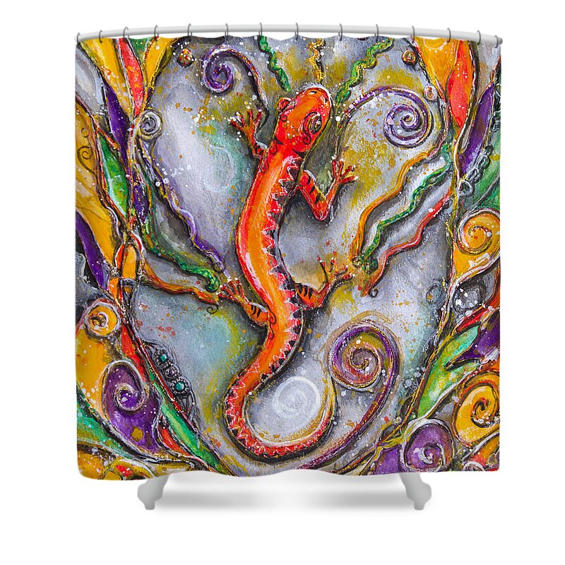 Pmacalson Shower Curtain featuring the painting Fire Salamander - Children of the Earth Series by Patricia Allingham Carlson