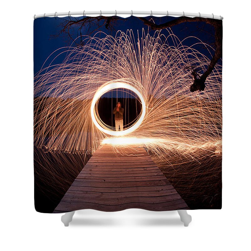 Steel Wool Photographs Shower Curtain featuring the photograph Fire Shower by Shirley Radabaugh