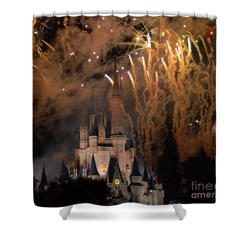 Disney Shower Curtain featuring the photograph Fireworks over the Castle by Cindy Manero