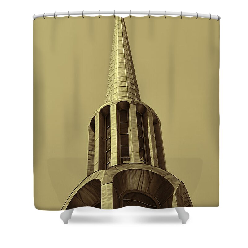 First Baptist Church Shower Curtain featuring the photograph First Baptist Church Steeple Huntsville Alabama in Sepia by Kathy Clark