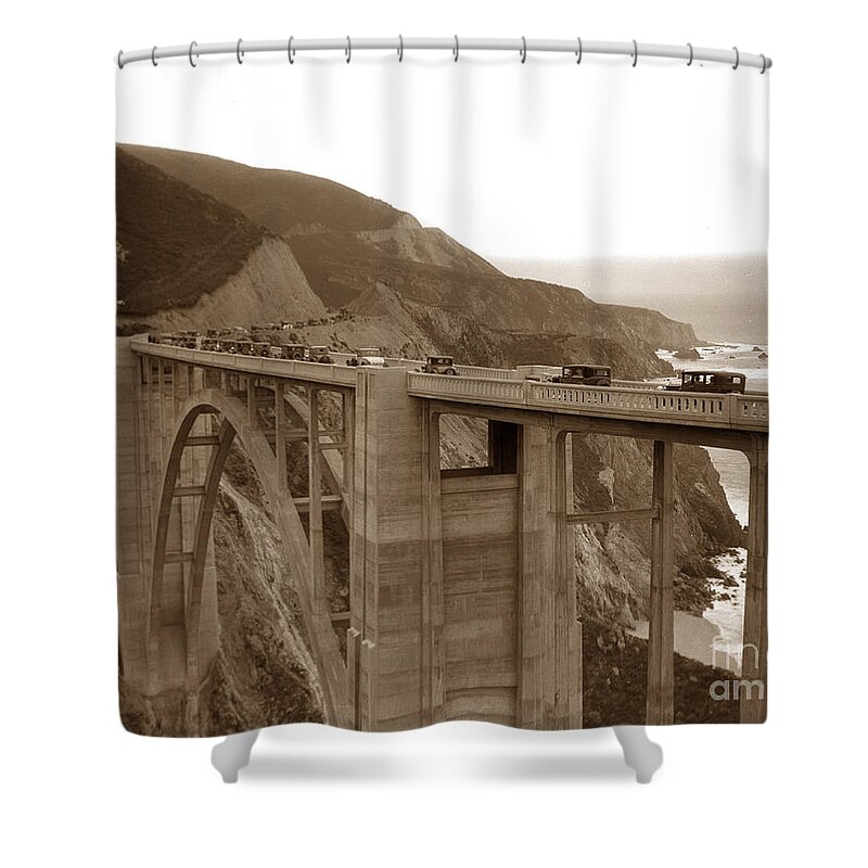 Bixby Creek Bridge Shower Curtain featuring the photograph First cars across Bixby Creek Bridge Big Sur California Nov. 1932 by Monterey County Historical Society