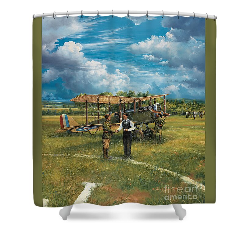 Aviation Art Shower Curtain featuring the painting First Landing At Shepherd's Field by Randy Green