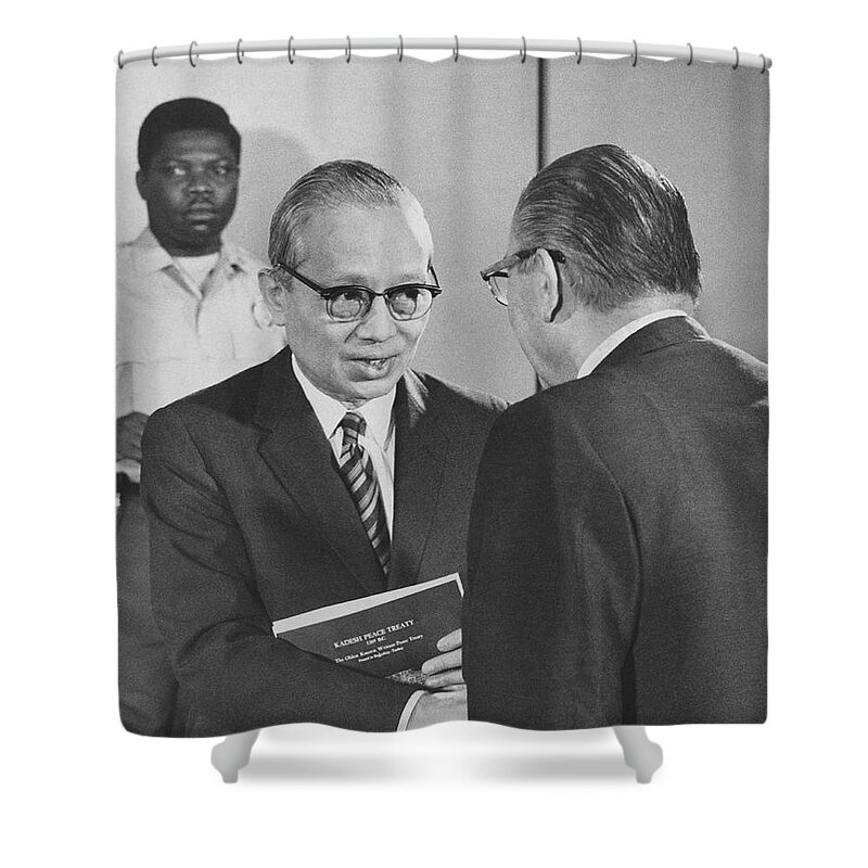 1970 Shower Curtain featuring the photograph First Recorded Peace Treaty by Underwood Archives