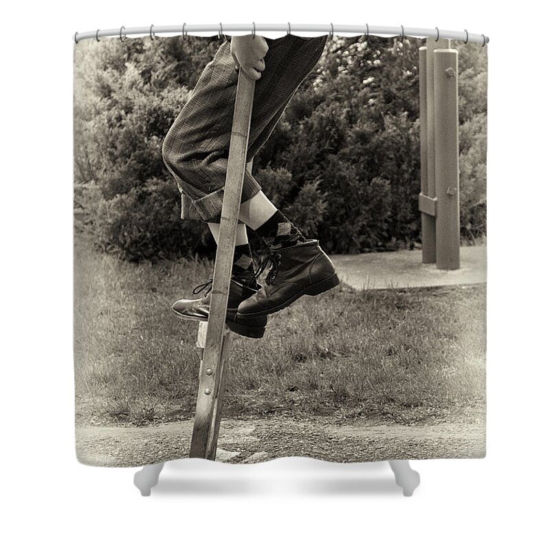 Portraits Shower Curtain featuring the photograph First Time on Stilts at White Pine Village in Ludington Michigan by Mary Lee Dereske