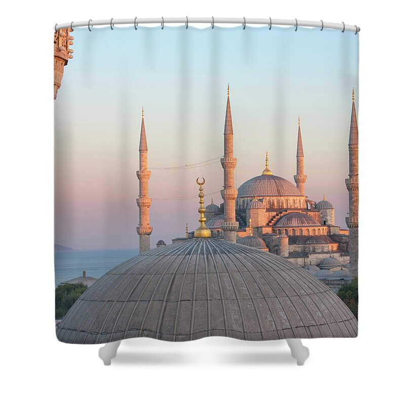 Istanbul Shower Curtain featuring the photograph Firuz Aga And Blue Mosque At Sunset by Laurie Noble
