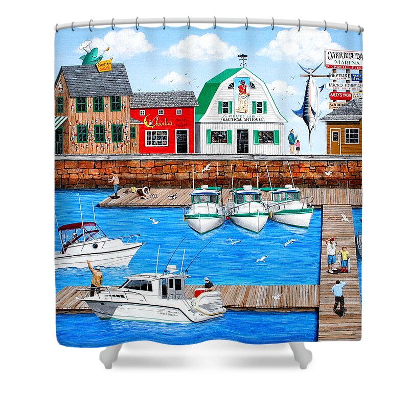 Fishing Shower Curtain featuring the painting Fish Tails and Tall Tales by Wilfrido Limvalencia