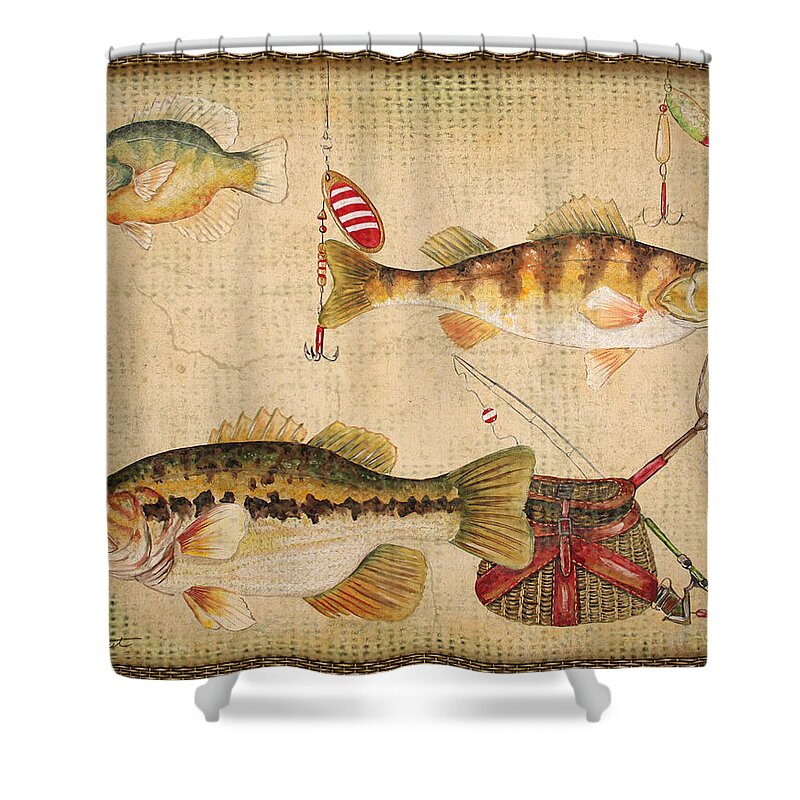 Acrylic Painting Shower Curtain featuring the painting Fish Trio-A-Basket Weave Border by Jean Plout