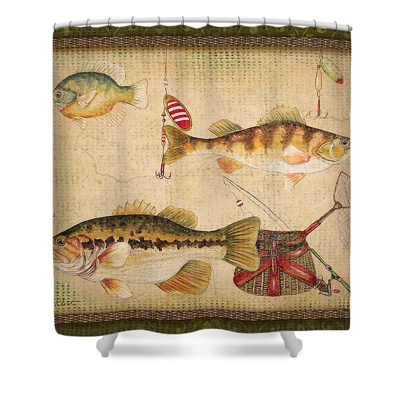 Acrylic Painting Shower Curtain featuring the painting Fish Trio-A-GreenBorder by Jean Plout