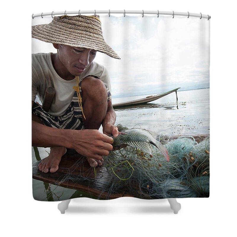 Straw Hat Shower Curtain featuring the photograph Fisherman, Inle Lake, Shan State by Cultura Rm Exclusive/yellowdog