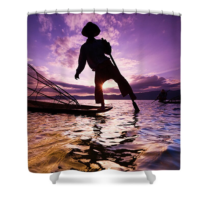Working Shower Curtain featuring the photograph Fisherman On Inle Lake, Myanmar by Hadynyah