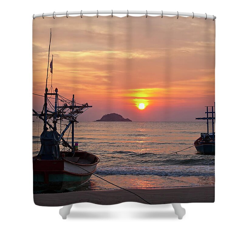 Southeast Asia Shower Curtain featuring the photograph Fishing Boats At Dawn by Enviromantic