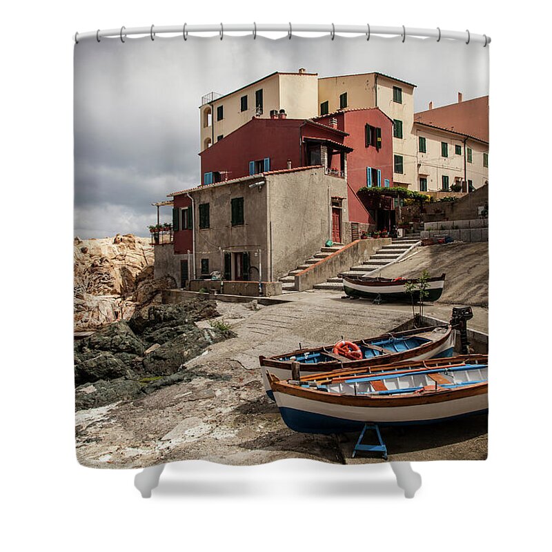 Tranquility Shower Curtain featuring the photograph Fishing Boats Marciana, Elba Island by Walter Zerla