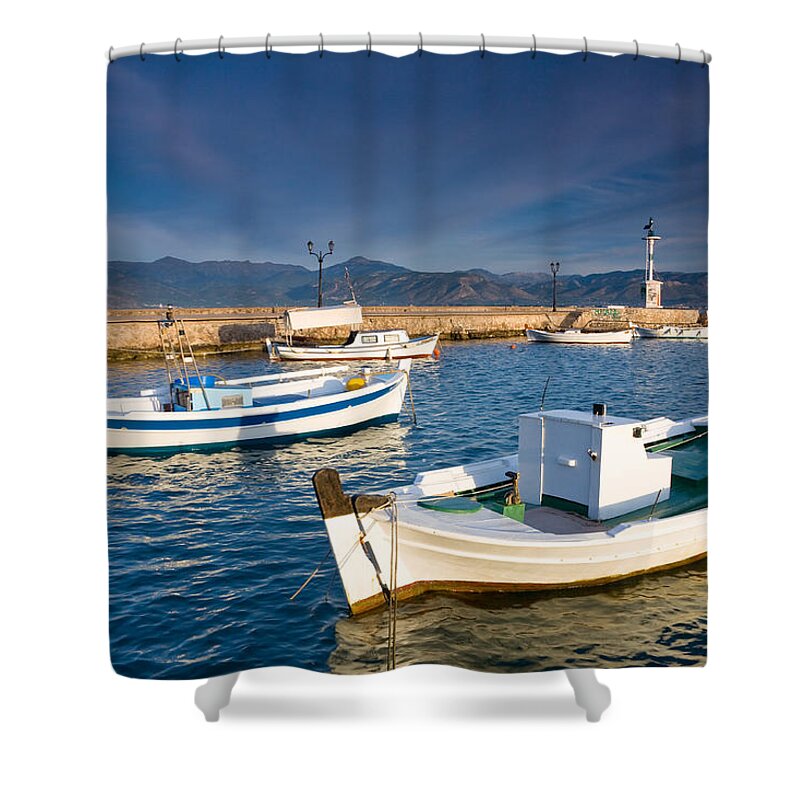 Peloponnese Shower Curtain featuring the photograph fishing boats 'XIII by Milan Gonda