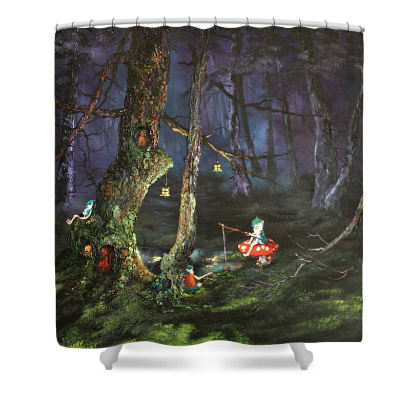 Cannock Chase Shower Curtain featuring the painting Fishing for supper on Cannock Chase by Jean Walker