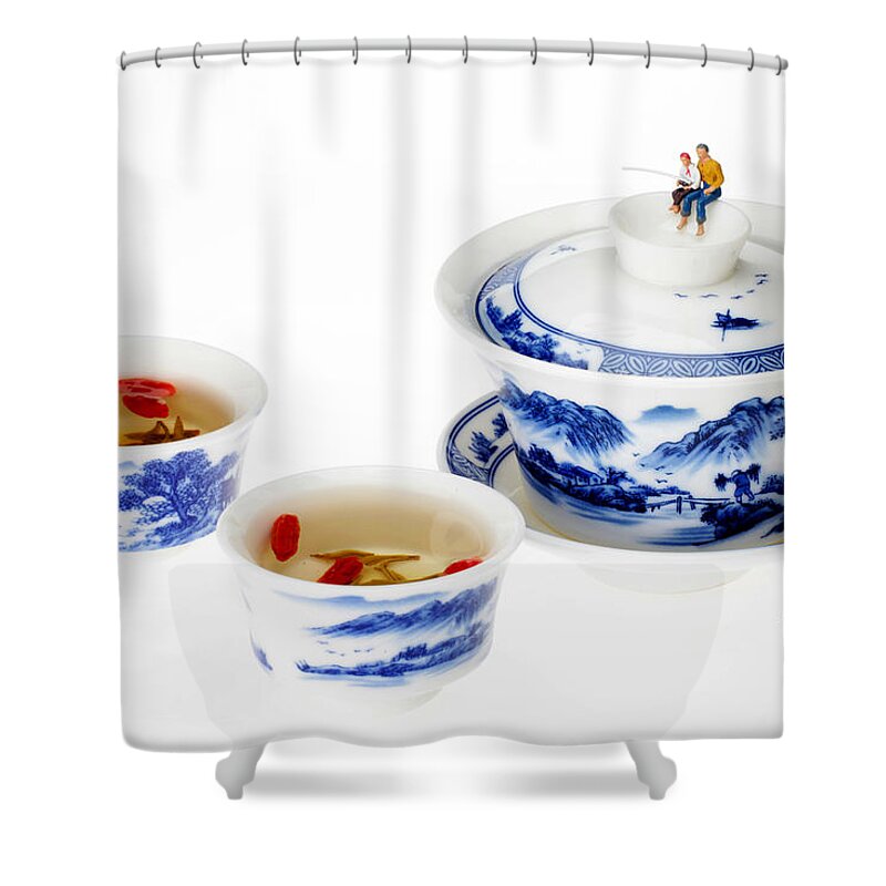 Fish Shower Curtain featuring the photograph Fishing on tea cups little people on food series by Paul Ge