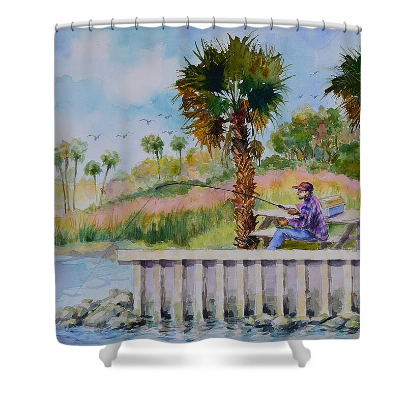 River Shower Curtain featuring the painting Fishing on the Peir by Jyotika Shroff