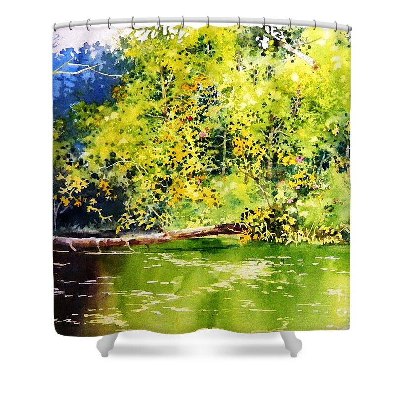 Waterside Shower Curtain featuring the painting Fishing pond by Celine K Yong