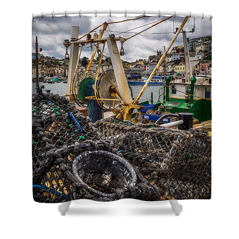 Brixham Shower Curtain featuring the photograph Fishing pots at Brixham by Mark Llewellyn