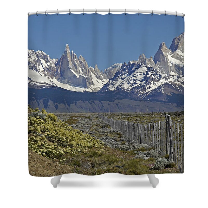 Argentina Shower Curtain featuring the photograph Fitz Roy Range in Springtime 1 by Michele Burgess