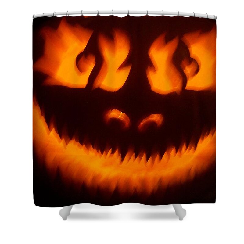 Pumpkin Shower Curtain featuring the sculpture Flame Pumpkin by Shawn Dall