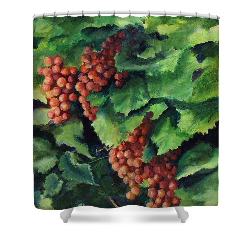 Table Grapes Shower Curtain featuring the painting Flames in the Vineyard by Maria Hunt