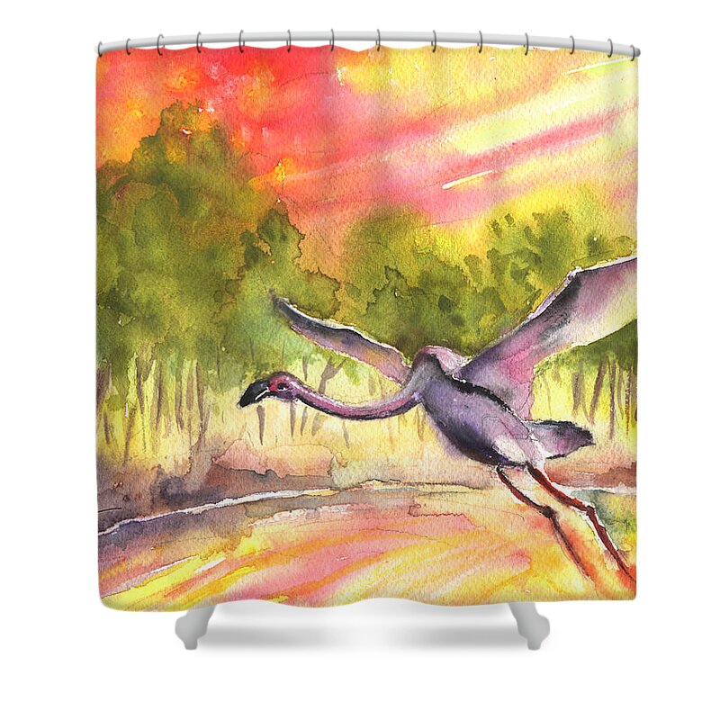 Travel Shower Curtain featuring the painting Flamingo in Alcazar de San Juan by Miki De Goodaboom