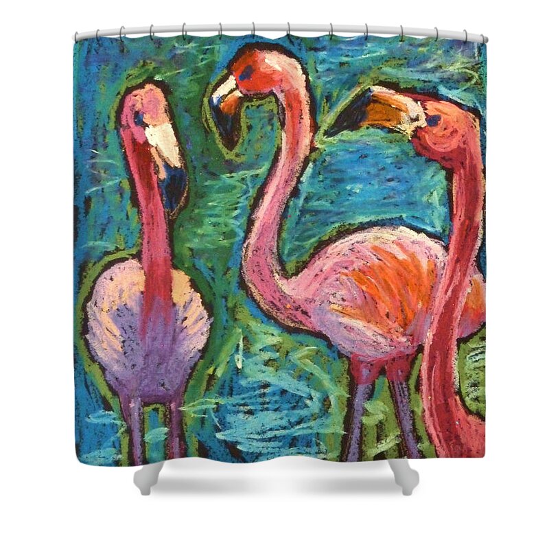 Pink Flamingoes Shower Curtain featuring the painting Flamingoes Wading by Ande Hall