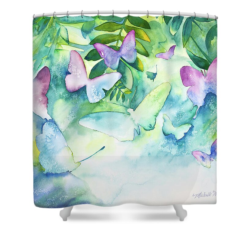 Butterfly Shower Curtain featuring the painting Flight of the Butterflies by Michelle Constantine