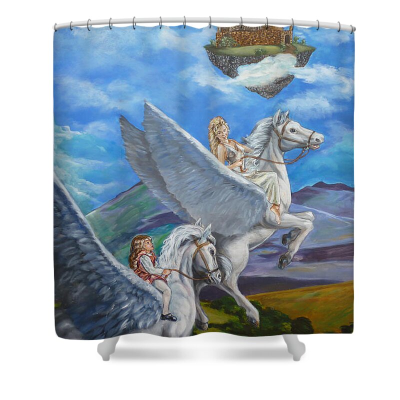 Pegasus Shower Curtain featuring the painting Flights of Fancy by Bryan Bustard