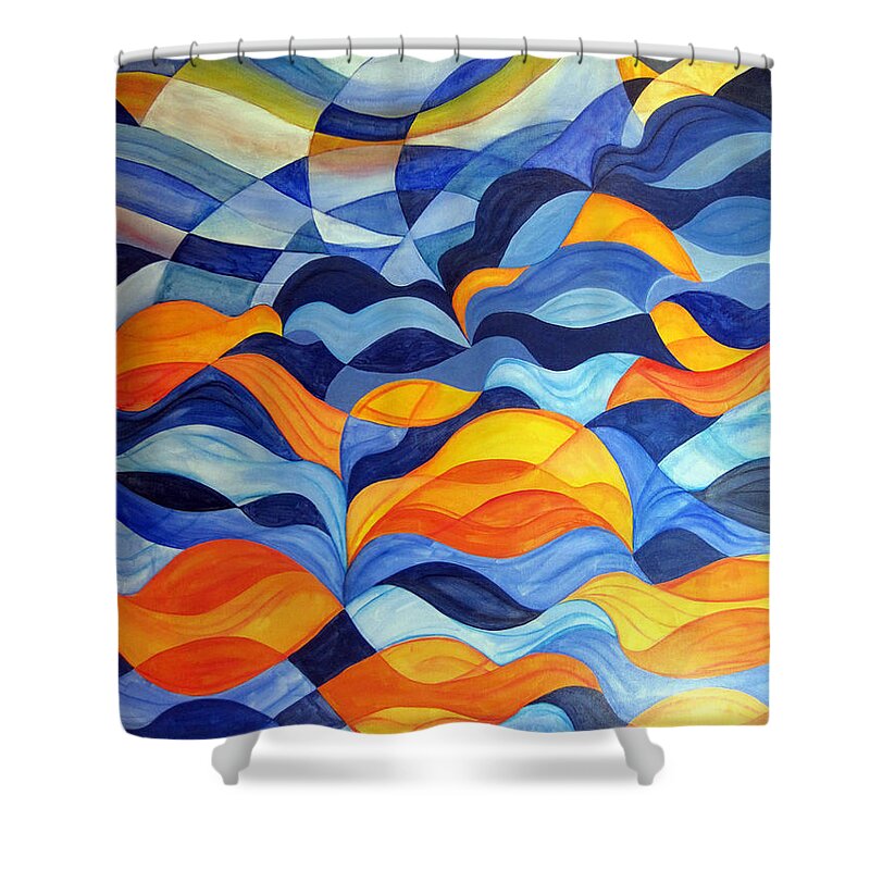 Birds Shower Curtain featuring the painting Flock on the Water by Lynellen Nielsen