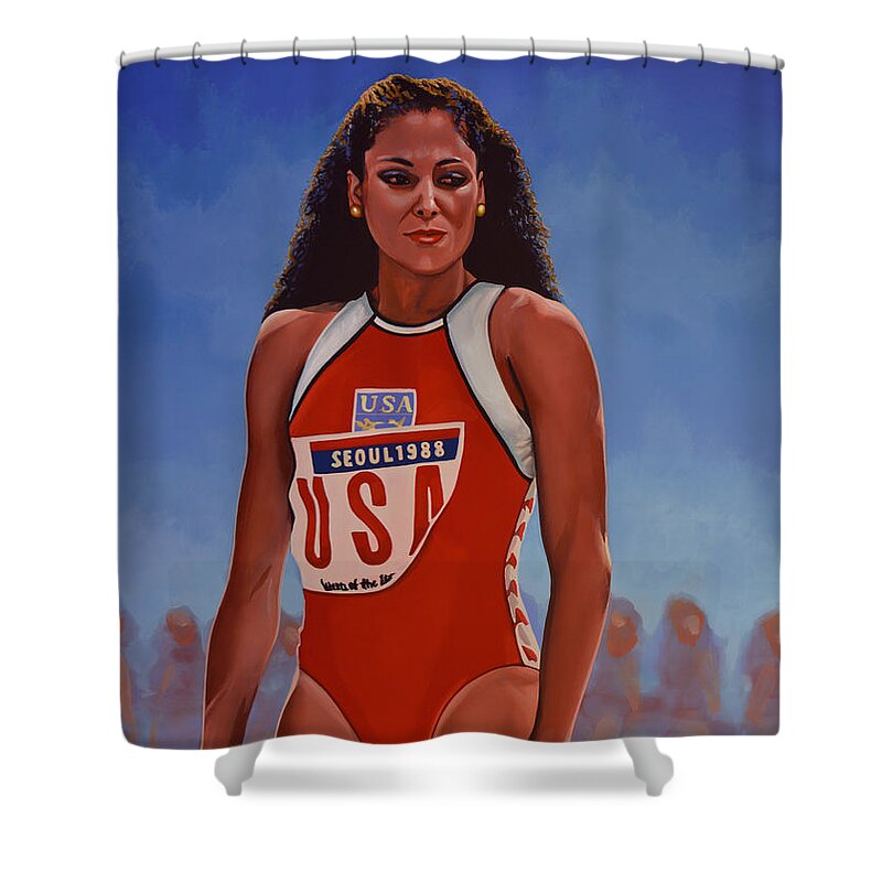 Florence Griffith Shower Curtain featuring the painting Florence Griffith - Joyner by Paul Meijering