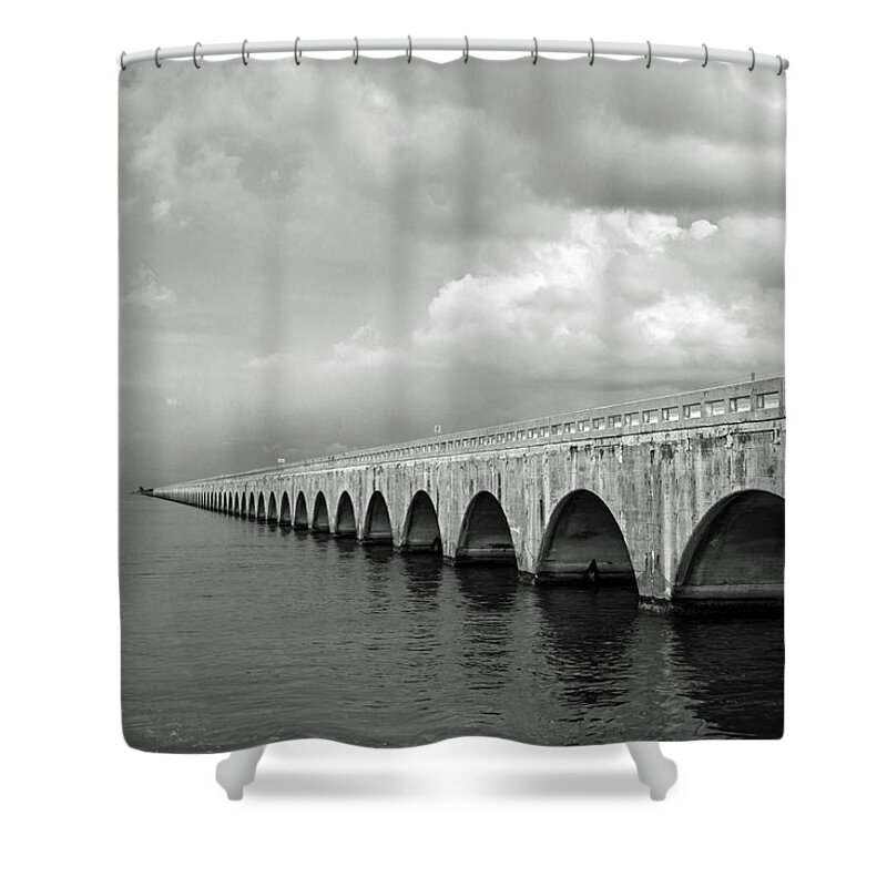 Florida Shower Curtain featuring the photograph Florida Keys Seven Mile Bridge Black and White by Photographic Arts And Design Studio