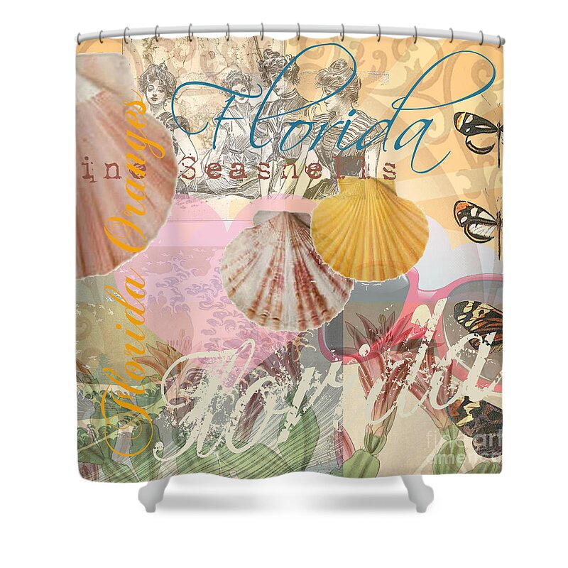 Doodlefly Shower Curtain featuring the digital art Florida Seashells Collage by Mary Hubley