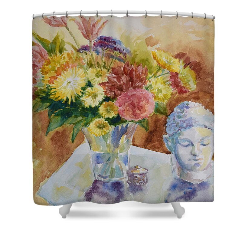 Still Life Shower Curtain featuring the painting Flower Vase with Buddha by Jyotika Shroff