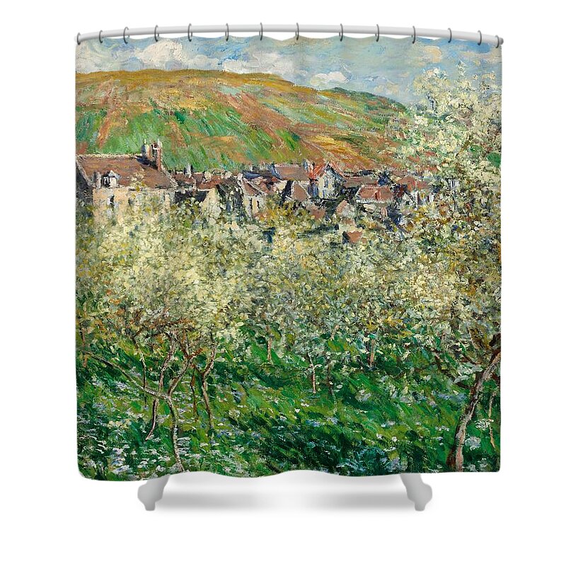 1879 Shower Curtain featuring the painting Flowering Plum Trees by Claude Monet