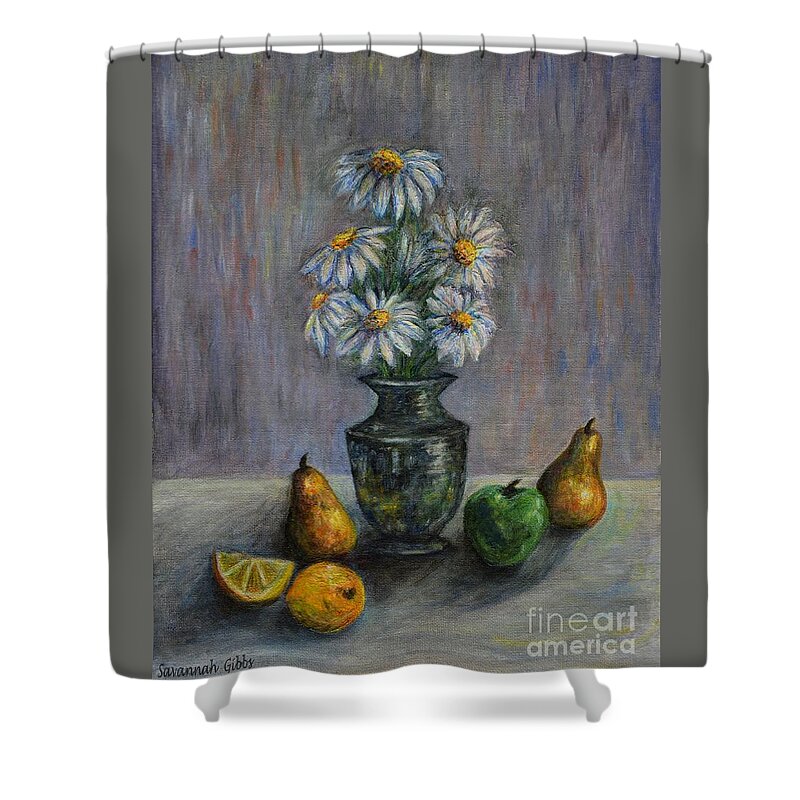 Flowers And Fruit Acrylic Shower Curtain featuring the painting Flowers and Fruit by Savannah Gibbs